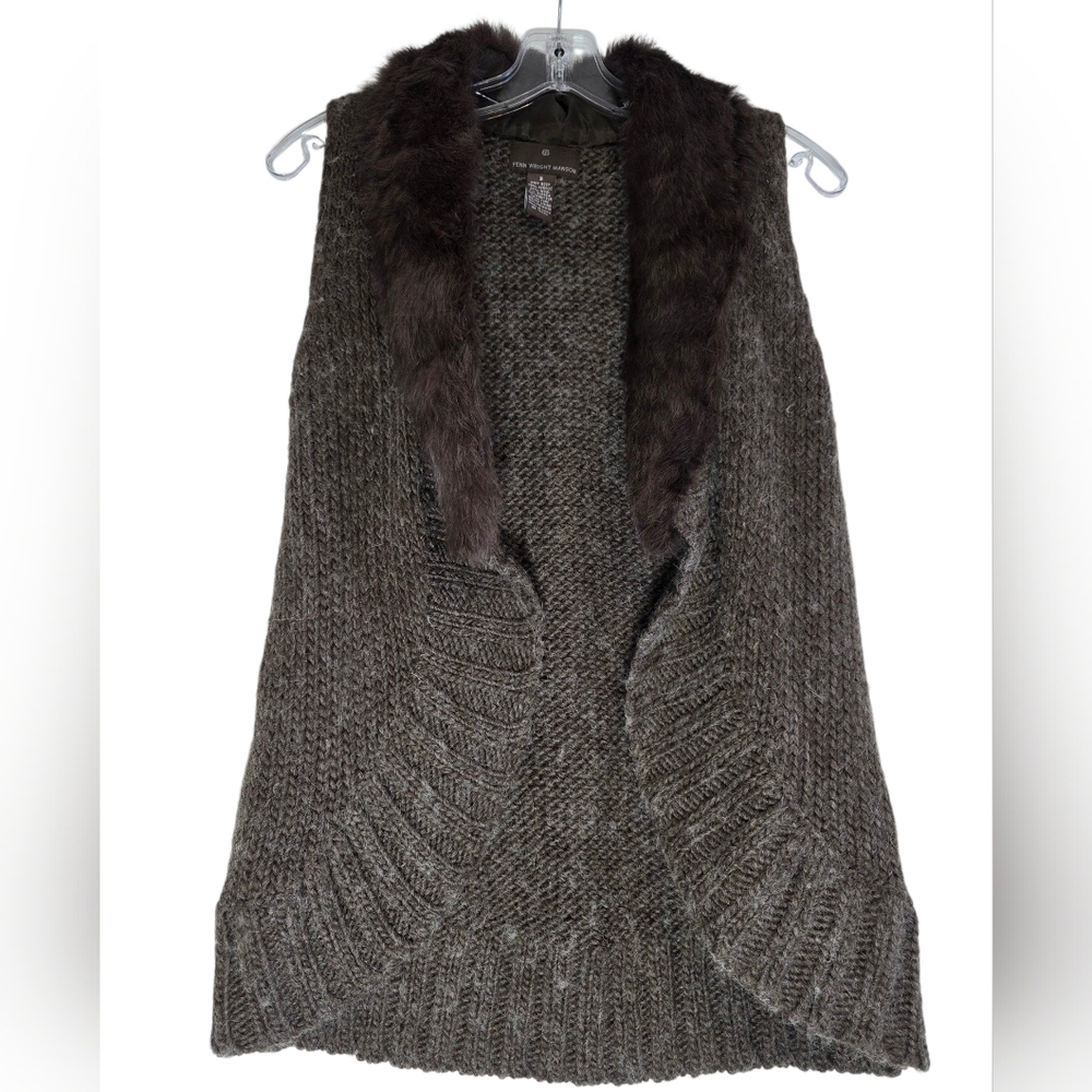 Fenn Wright Manson Brown Knit Cardigan Vest With Real Rabbit Fur Size Small
